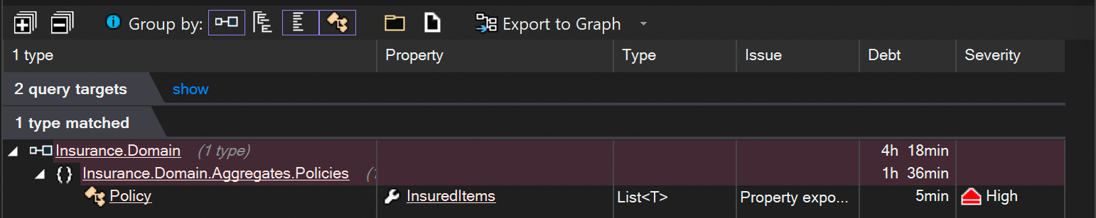 Screenshot of NDepend in Visual Studio showing entities that expose mutable collection properties.