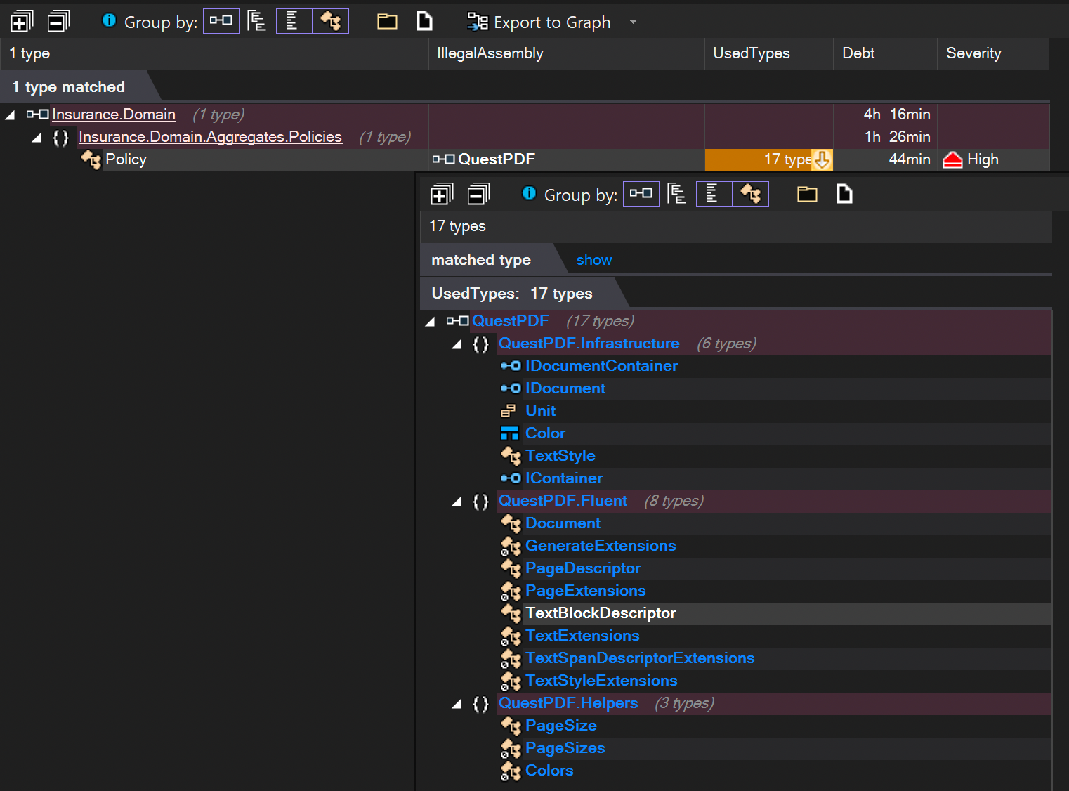 Screenshot of NDepend in Visual Studio showing domain logic reference violations.
